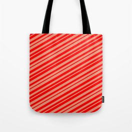 [ Thumbnail: Dark Salmon & Red Colored Striped Pattern Tote Bag ]
