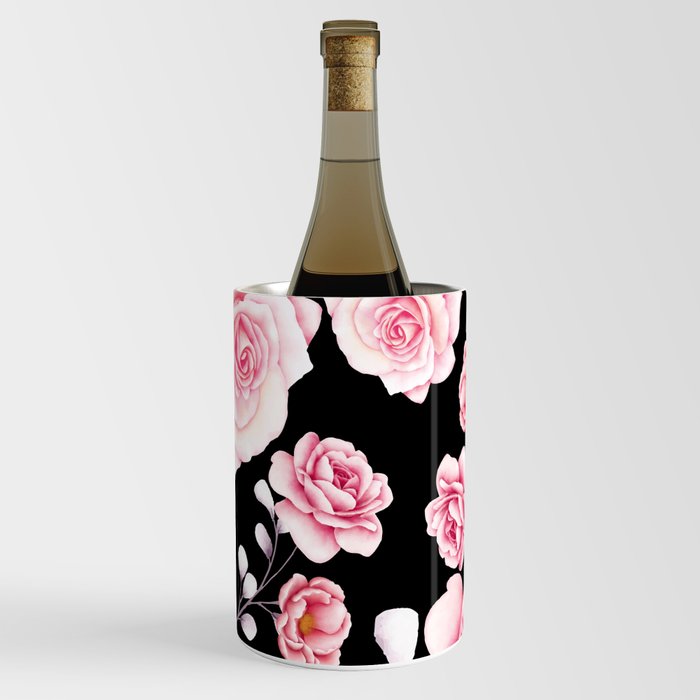 Stylish Pink Floral print pattern on black Wine Chiller