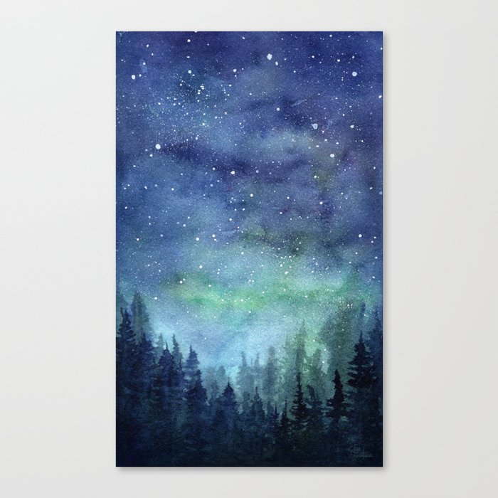 Watercolor Galaxy Nebula Northern Lights Painting Canvas Print
