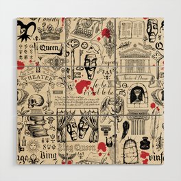 Abstract seamless pattern on the theme of theater and drama with black pencil drawings and red blots in vintage style.  Wood Wall Art