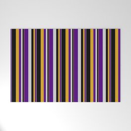 [ Thumbnail: Goldenrod, Black, Light Grey & Indigo Colored Lined/Striped Pattern Welcome Mat ]
