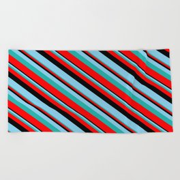 [ Thumbnail: Black, Sky Blue, Light Sea Green & Red Colored Lines/Stripes Pattern Beach Towel ]