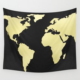 Gold Rush World Map on Black Wall Tapestry