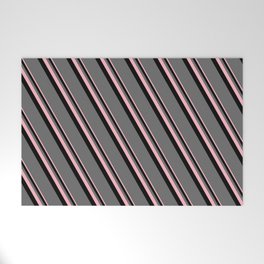 [ Thumbnail: Light Pink, Black, and Dim Gray Colored Lines/Stripes Pattern Welcome Mat ]
