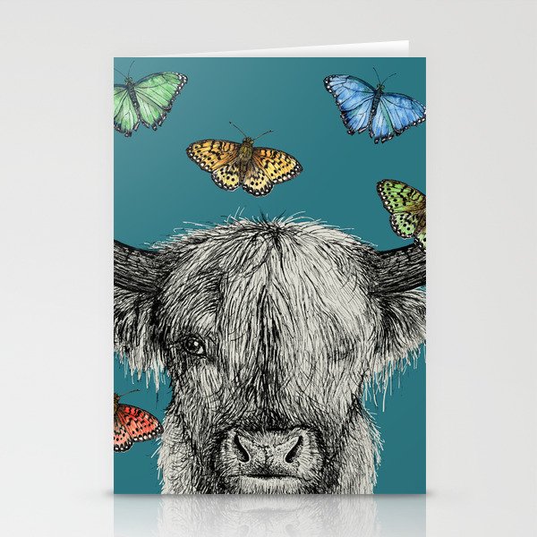 Heather the Highland Cow, Butterflies, pen and ink illustrations, blue Stationery Cards