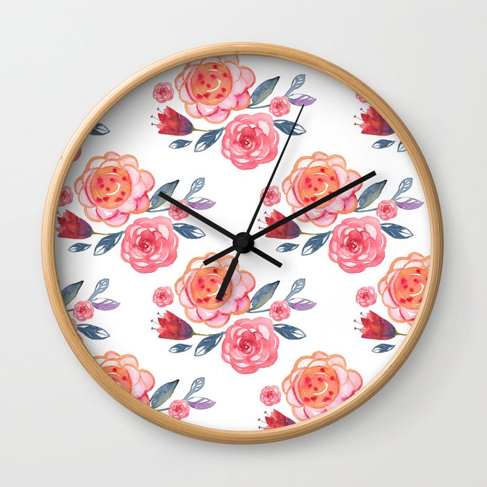 Pink Watercolor Floral Pattern Wall Clock