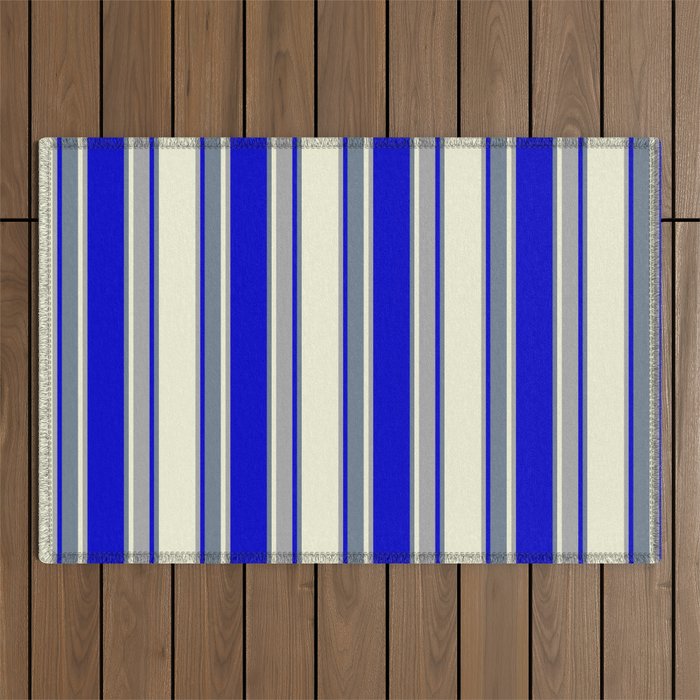 Beige, Dark Grey, Blue, and Slate Gray Colored Pattern of Stripes Outdoor Rug