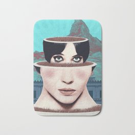 Matrioska Girl / Surrealism Bath Mat | Collage, Creepy, Girl, Sky, Surrealism, Pattern, Building, Digital, Heavenly, Blue 