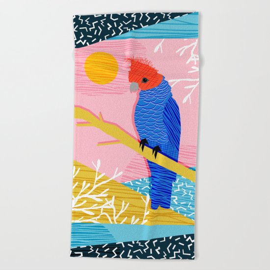 Blazin - memphis throwback tropical bird art parrot cockatoo nature neon 1980s 80s style retro cool Beach Towel