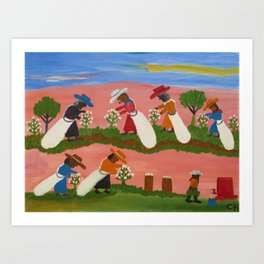 African American Masterpiece 'Six Figures Picking Cotton' folk art painting by Clementine Hunter Art Print