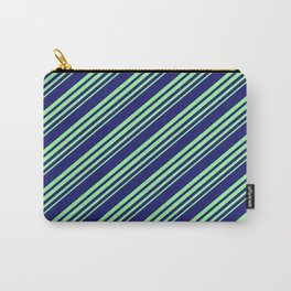 [ Thumbnail: Midnight Blue and Green Colored Stripes Pattern Carry-All Pouch ]