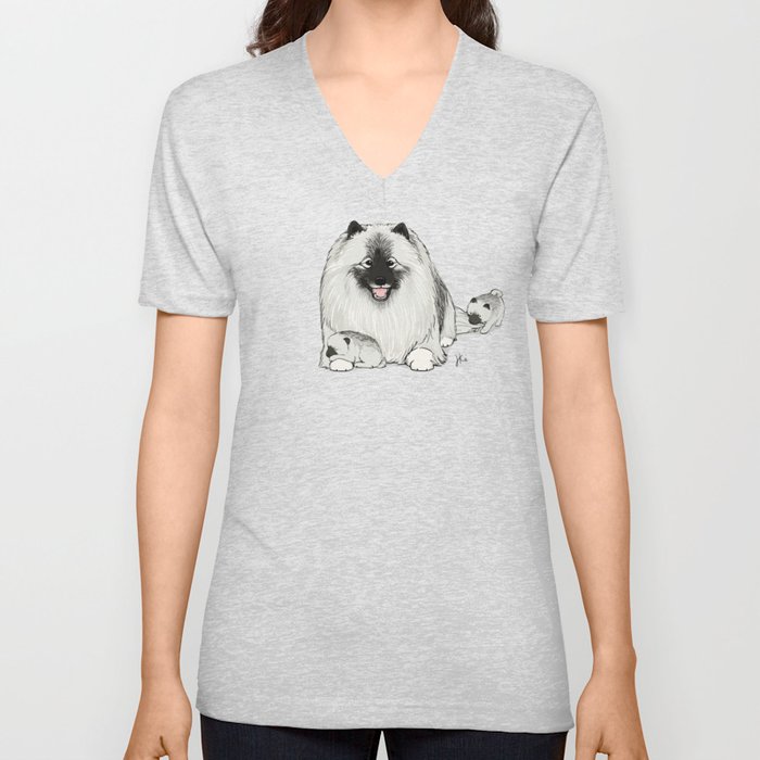 Keeshond with Puppies | Cute Keesie Dogs Family V Neck T Shirt