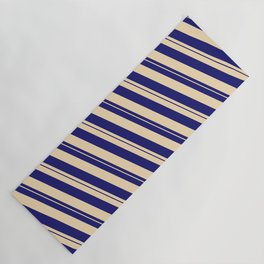 [ Thumbnail: Midnight Blue & Tan Colored Lined Pattern Yoga Mat ]