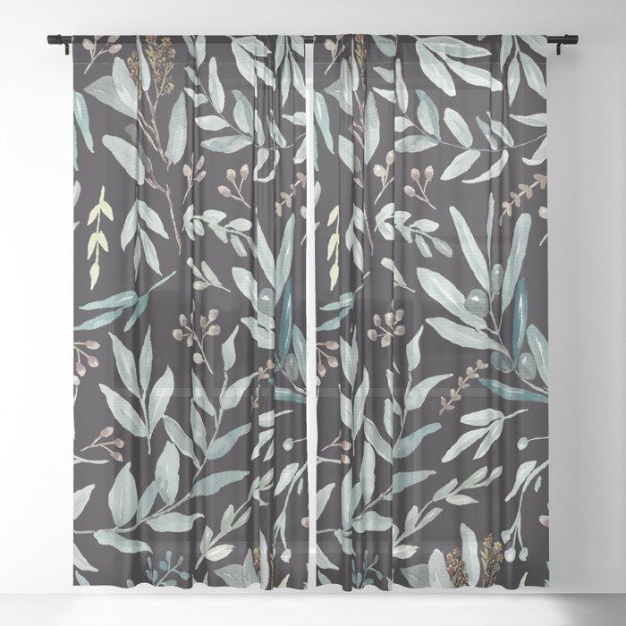 Black Eucalyptus Leaves Pattern Sheer Curtain