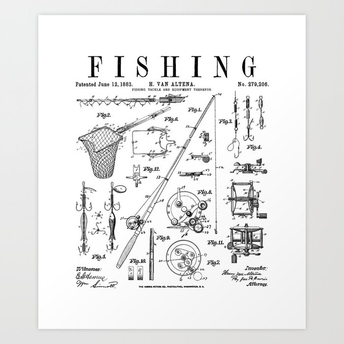 Fishing Rod Tackle Reel Lure Fisherman Vintage Patent Print Art Print by  GrandeDuc