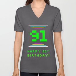 [ Thumbnail: 91st Birthday - Nerdy Geeky Pixelated 8-Bit Computing Graphics Inspired Look V Neck T Shirt V-Neck T-Shirt ]