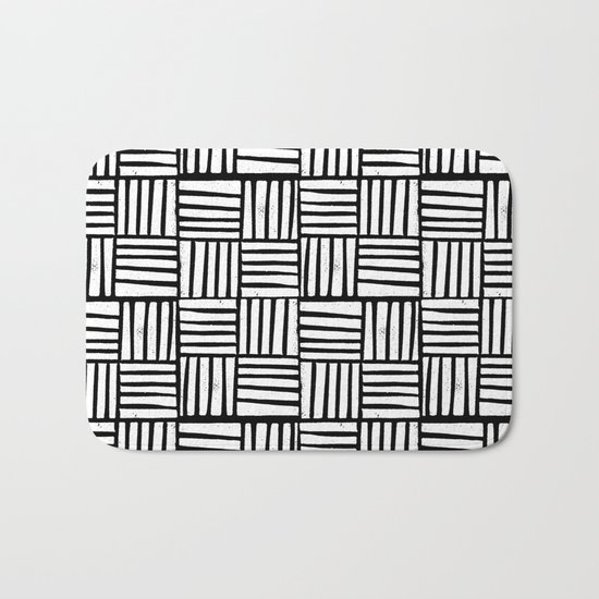Linocut black and white minimal pattern stripes criss cross squares scandinavian style Bath Mat
