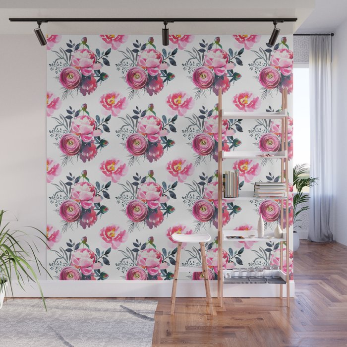 Hand painted blush pink gray yellow watercolor roses pattern Wall Mural