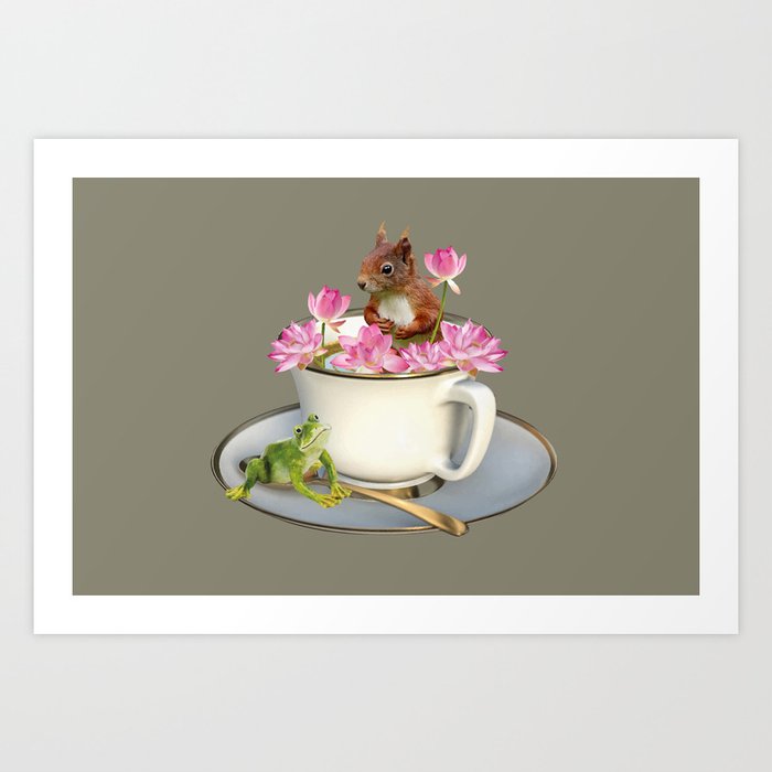 Coffee Cup with Squirrel & Frog pink Lotus Flowers Art Print
