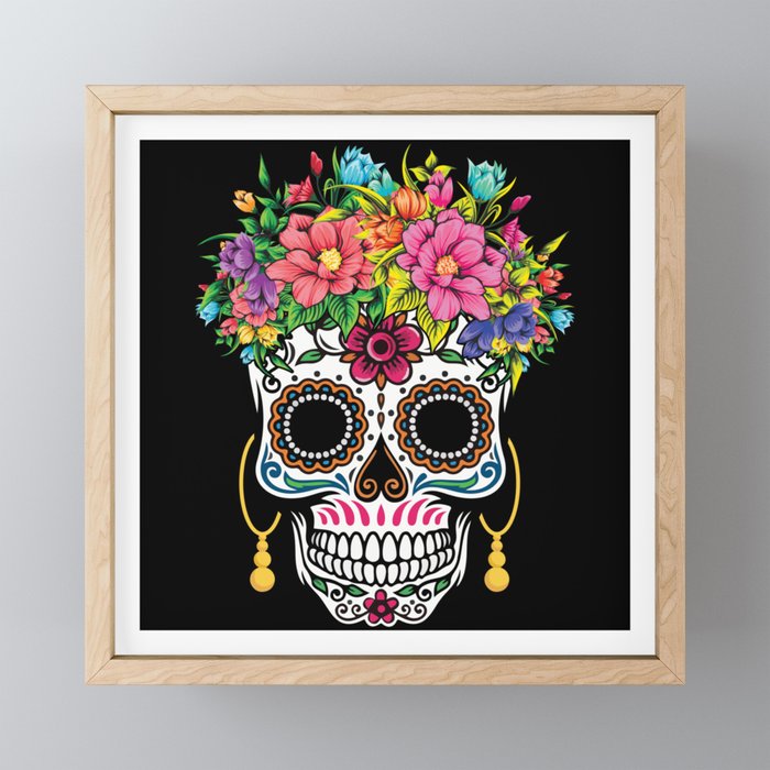 Flower Sugar Skull Muertos Day Of Dead Halloween Framed Mini Art Print
