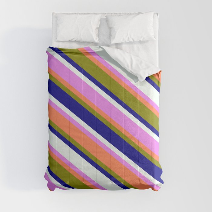 Colorful Coral, Green, Blue, Mint Cream, and Violet Colored Lined Pattern Comforter