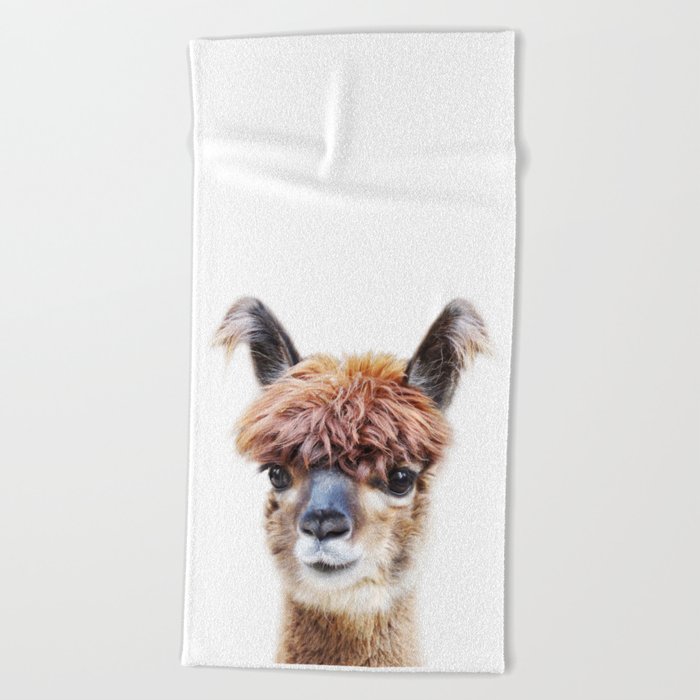 Baby Alpaca, Brown Alpaca, Farm Animals, Art for Kids, Baby Animals Art Print By Synplus Beach Towel
