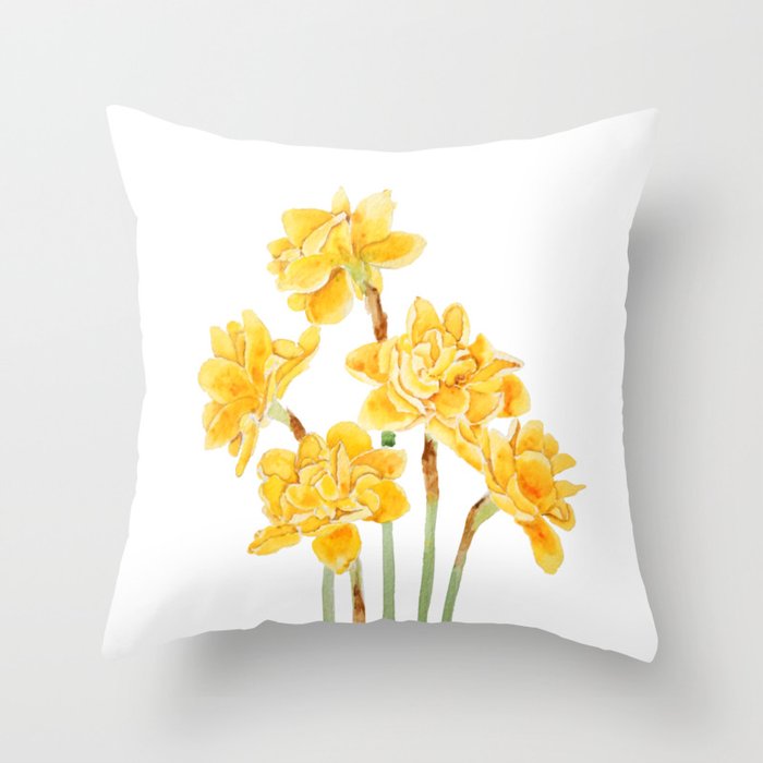 golden daffodils flowers watercolor Throw Pillow