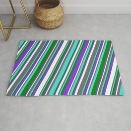 [ Thumbnail: Dim Grey, Turquoise, Green, Purple & Mint Cream Colored Lined Pattern Rug ]