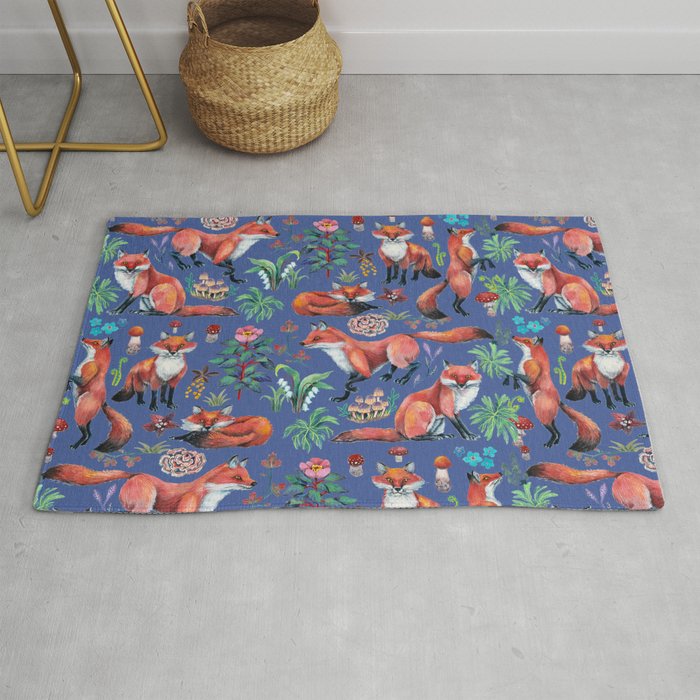 Fox Family in forest - BLUE Rug