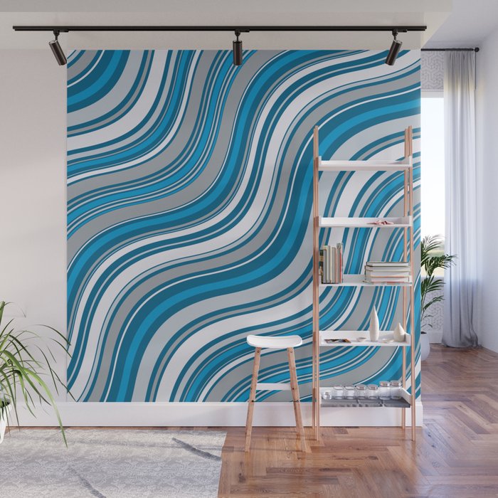 70s Wavy Lines| Blue, Grey and White Wall Mural