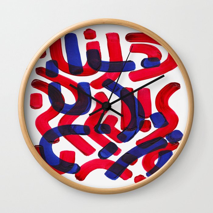 Mid Century Modern Abstract Colorful Unique Alien Pattern Shapes Burgundy Blue Alien Symbols Wall Clock