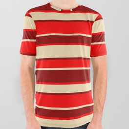 [ Thumbnail: Dark Red, Red, and Tan Colored Striped Pattern All Over Graphic Tee ]