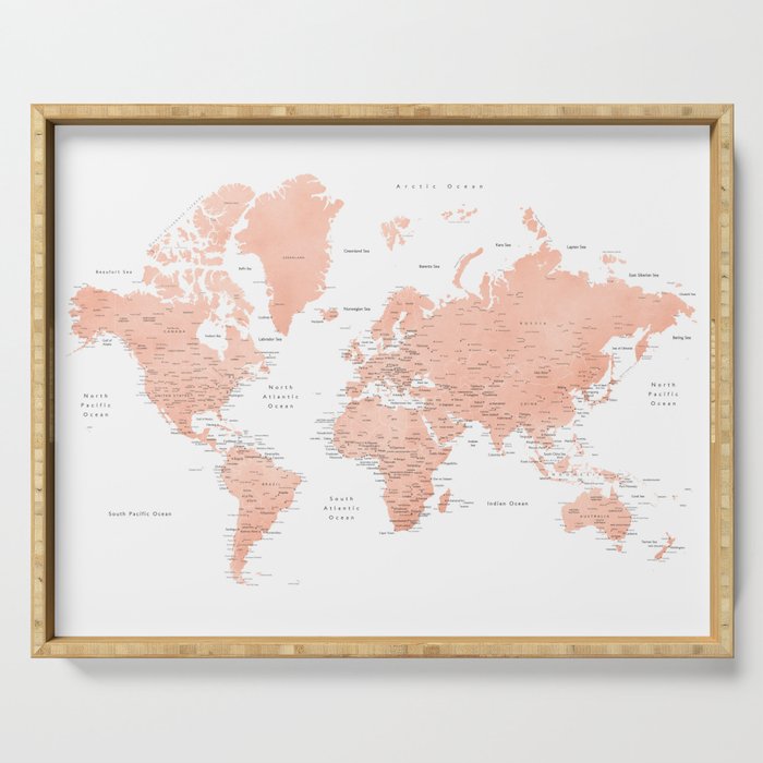 Rose gold world map with cities, "Hadi" Serving Tray