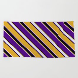 [ Thumbnail: Goldenrod, Lavender, Indigo, and Black Colored Lined Pattern Beach Towel ]