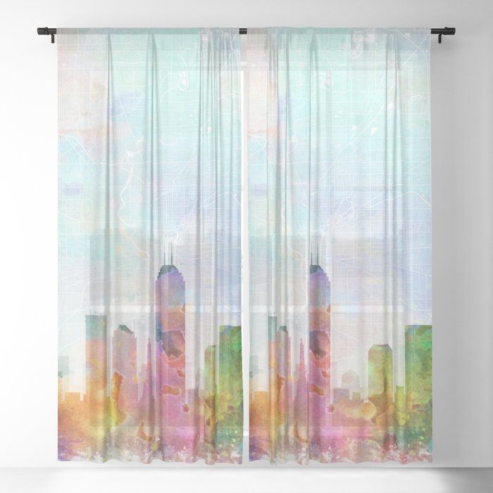 Indianapolis Skyline Map Watercolor, Print by Zouzounio Art Sheer Curtain