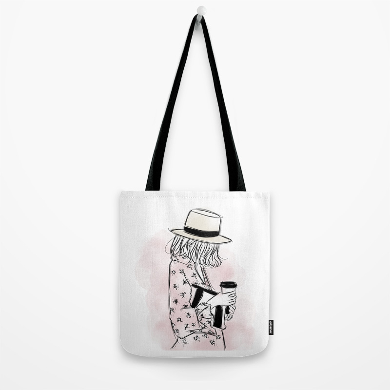 Casual Young Girl Wearing Hat And Floral Dress Clutch Bag And A Cup Of Coffee Ready To Hustle Tote Bag By Fionangg Society6