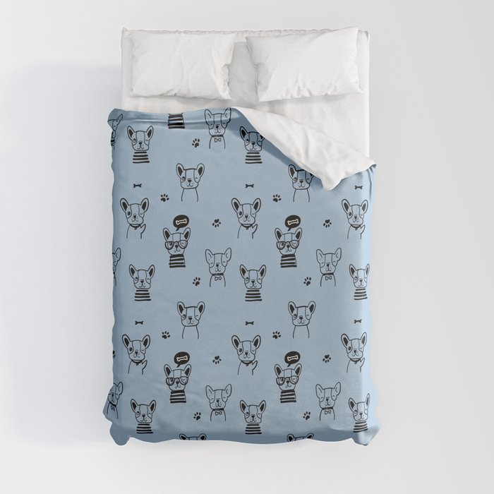 Pale Blue and Black Hand Drawn Dog Puppy Pattern Duvet Cover