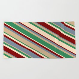 [ Thumbnail: Vibrant Light Slate Gray, Tan, Sea Green, Bisque, and Maroon Colored Lines Pattern Beach Towel ]
