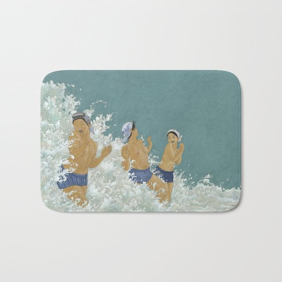 Three Ama Enveloped In A Crashing Wave Bath Mat