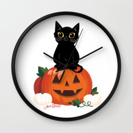 Pumpkin Cat Wall Clock | Spooky, October, Pumpkin, Cat, Digital, Blackcat, Jackolantern, Painting, Familiar 