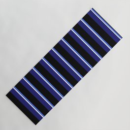 [ Thumbnail: Royal Blue, Black, Midnight Blue & White Colored Striped Pattern Yoga Mat ]