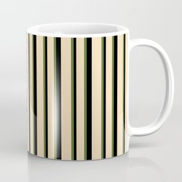 [ Thumbnail: Dark Olive Green, Tan & Black Colored Striped Pattern Coffee Mug ]