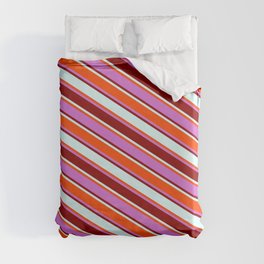 [ Thumbnail: Red, Orchid, Dark Red, and Light Cyan Colored Striped/Lined Pattern Duvet Cover ]