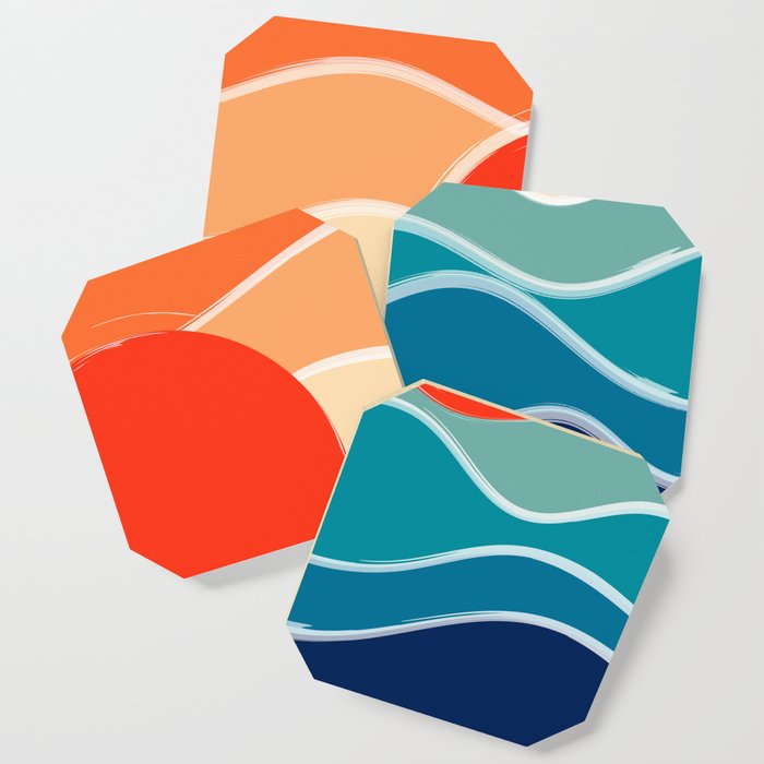 Retro 70s and 80s Color Palette Mid-Century Minimalist Nature Waves and Sun Abstract Art Coaster