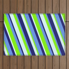 [ Thumbnail: Cornflower Blue, Chartreuse, Light Cyan, and Midnight Blue Colored Lined Pattern Outdoor Rug ]