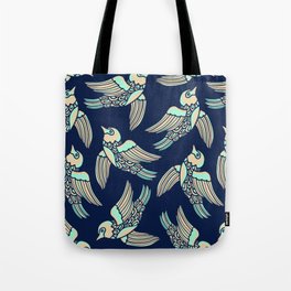 BIRDS FLYING HIGHER in MINT AND SAND ON DARK BLUE Tote Bag