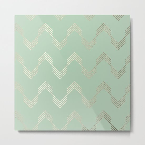 Simply Deconstructed Chevron in White Gold Sands and Pastel Cactus Green Metal Print