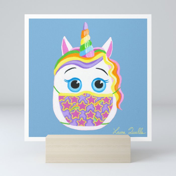 Unicorn with Mask (Blue) Mini Art Print