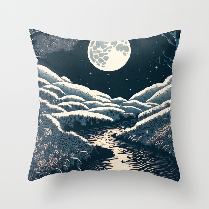 Moonlit River - Black & White Throw Pillow