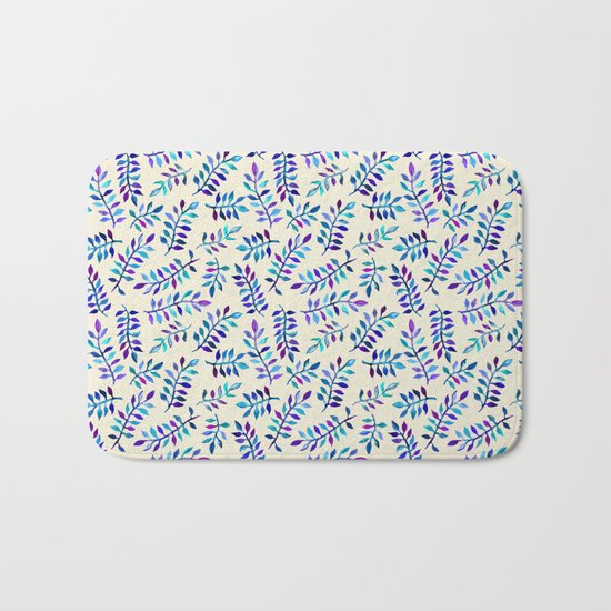 Hand Painted Purple & Aqua Leaf Pattern on Cream Bath Mat